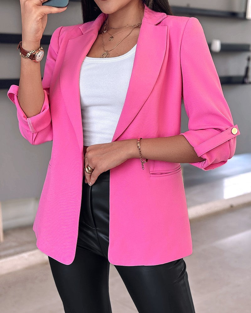 Women's Casual Rolled Sleeves Blazer With Pockets