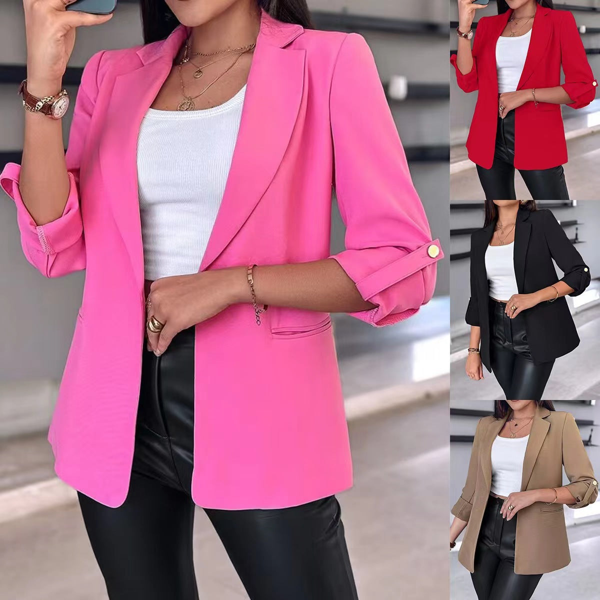 Women's Casual Rolled Sleeves Blazer With Pockets