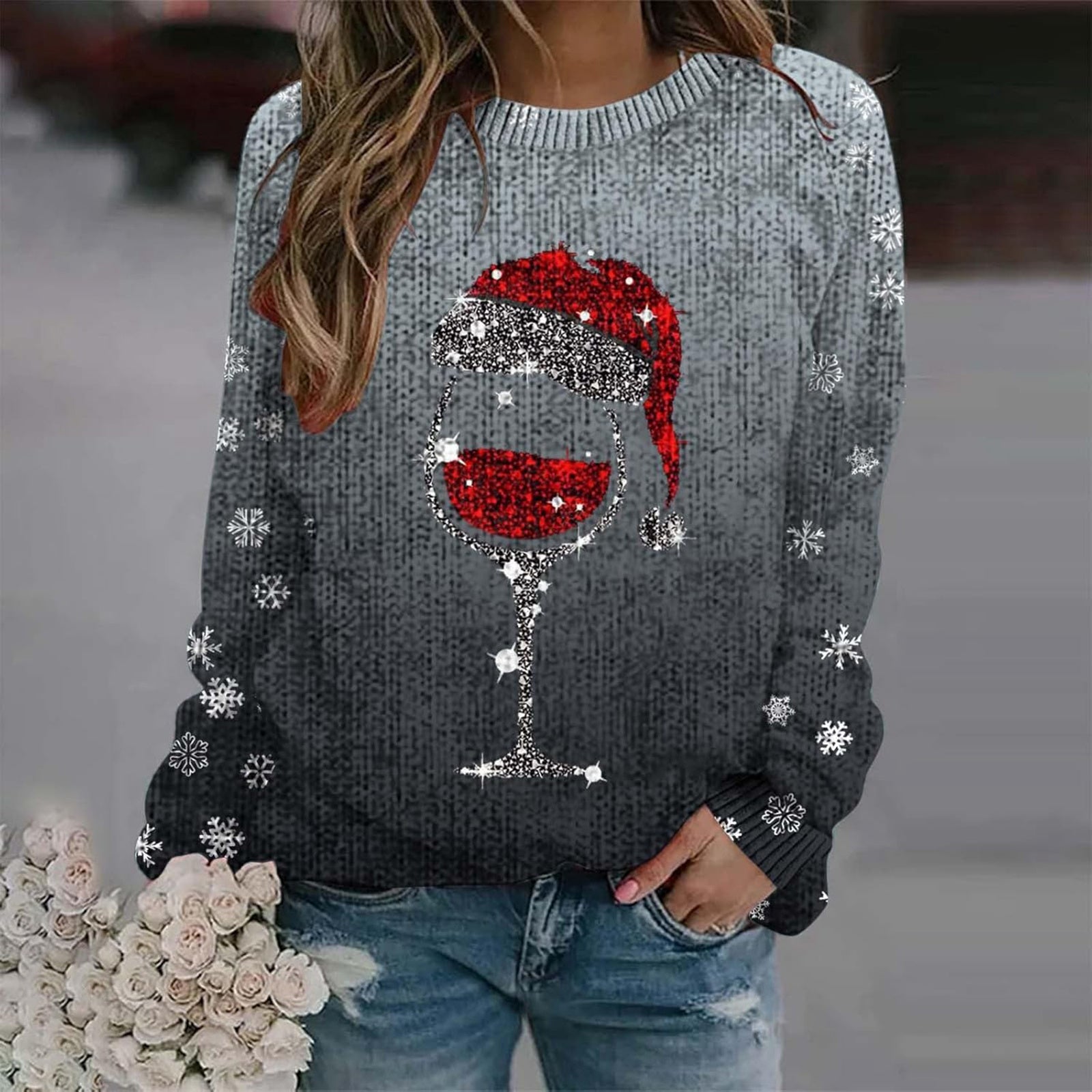 Thick Needle Digital Printing 3D Round Neck Sweater For Women