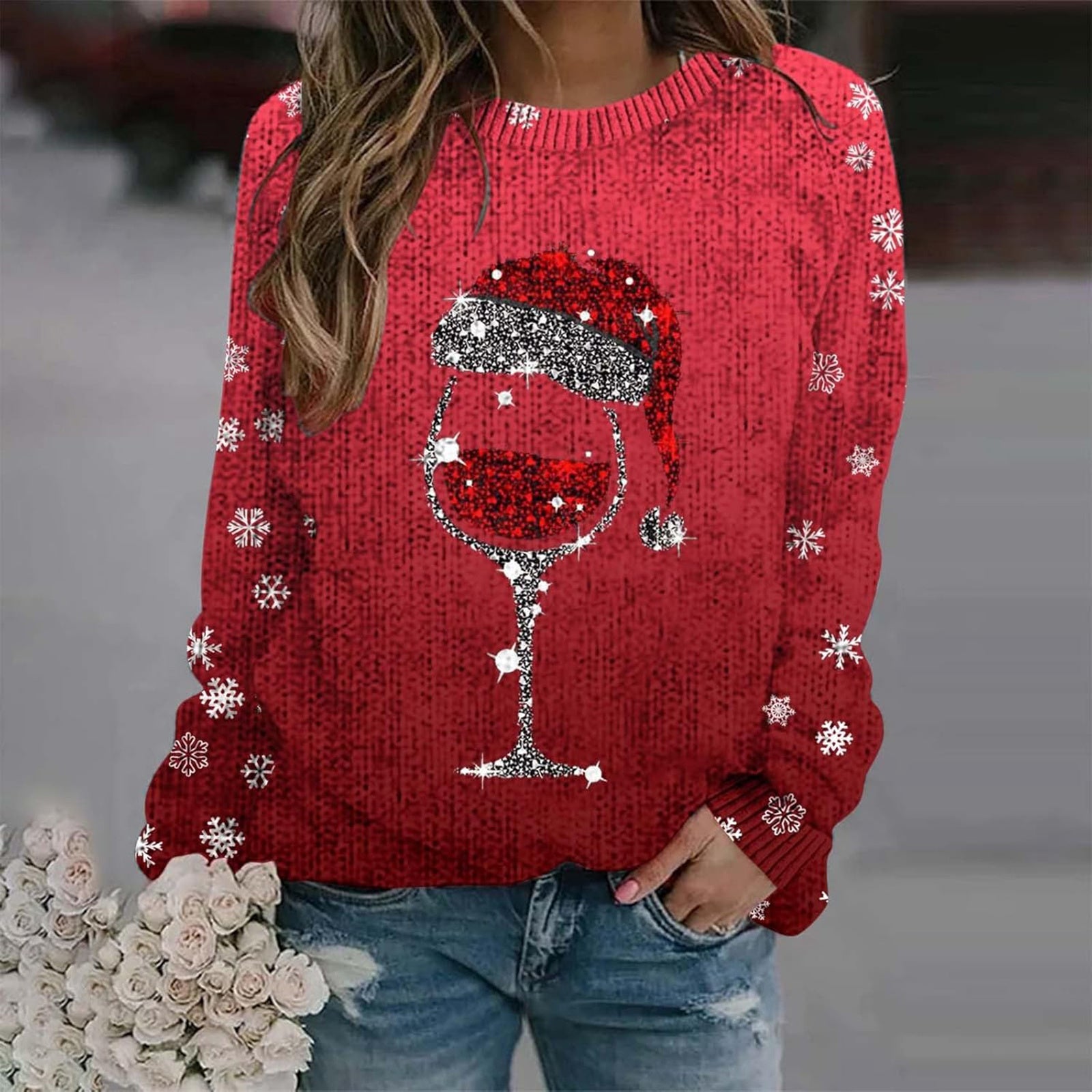 Thick Needle Digital Printing 3D Round Neck Sweater For Women