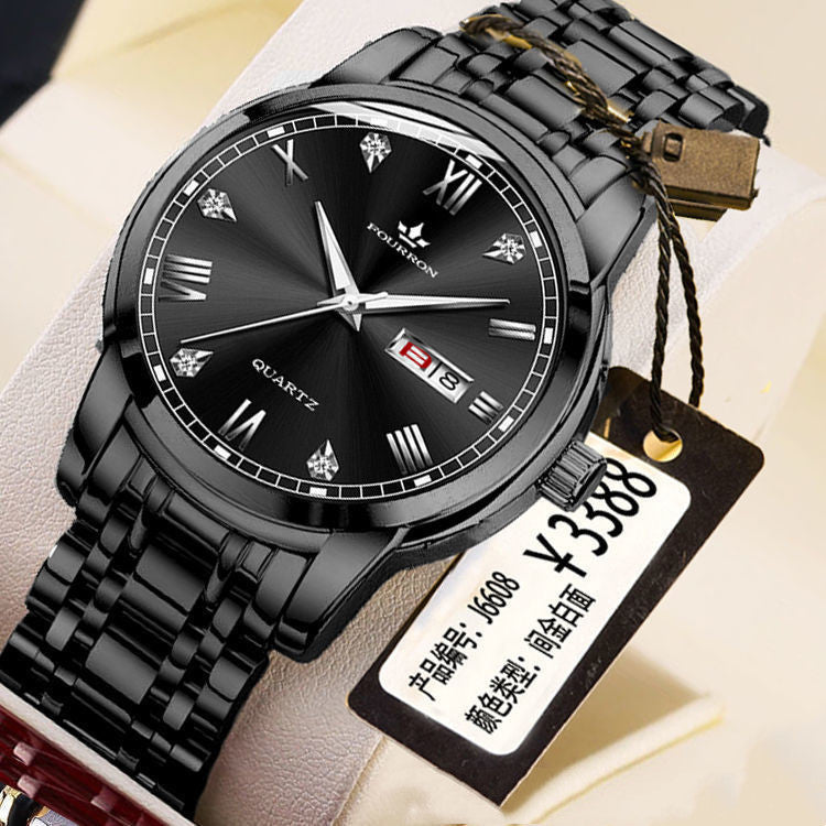 New Luminous Double Calendar Quartz Stainless Steel Waterproof Men's Watch With Watch