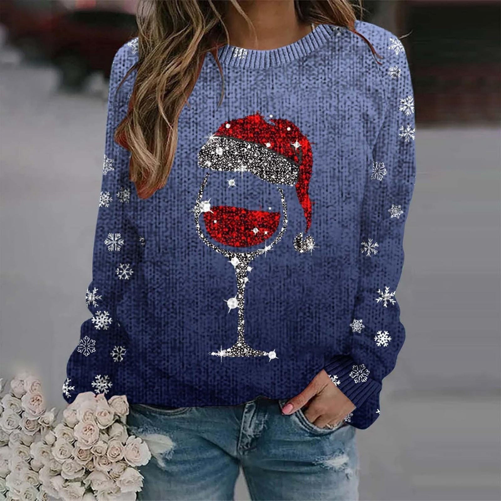 Thick Needle Digital Printing 3D Round Neck Sweater For Women